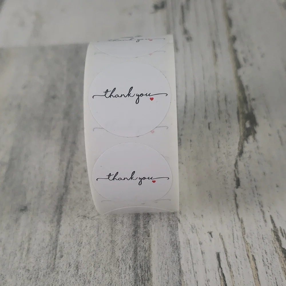 1 roll of 500 white Thank You stickers black cursive red heart